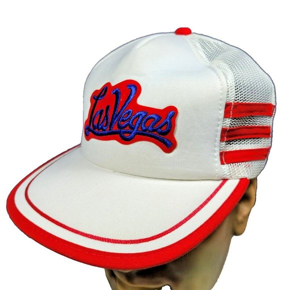 Vintage YoungAn LAS VEGAS Snap Back Mesh Trucker Hat Cap 3-Stripe White / Red - Picture 1 of 10